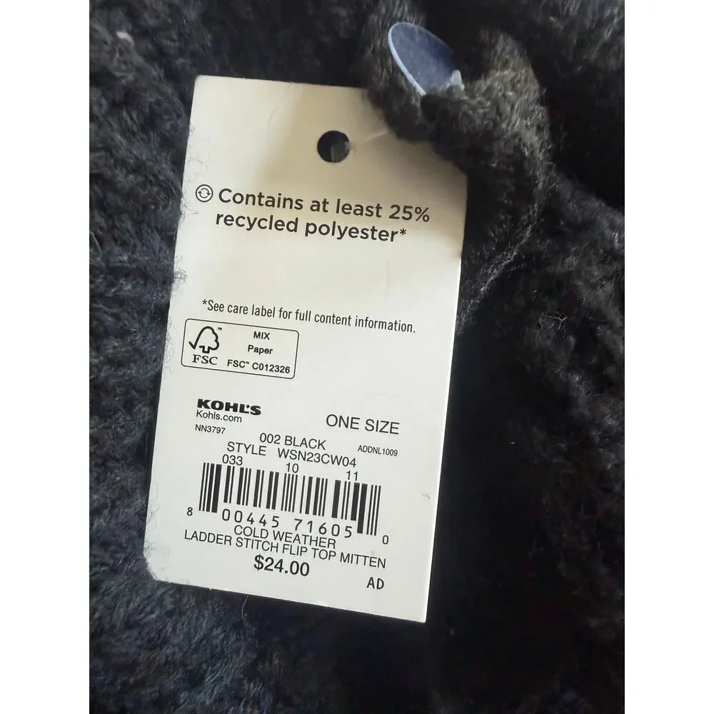 NWT Sonoma Goods For Life Black Ladder Stitch Flip Top Mittens Women's One Size